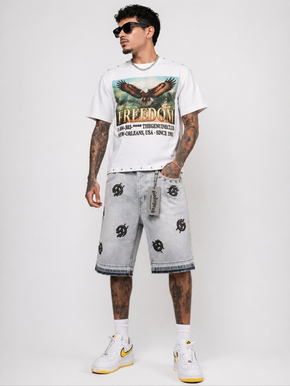 Men's Light Gray Graphic Denim Shorts